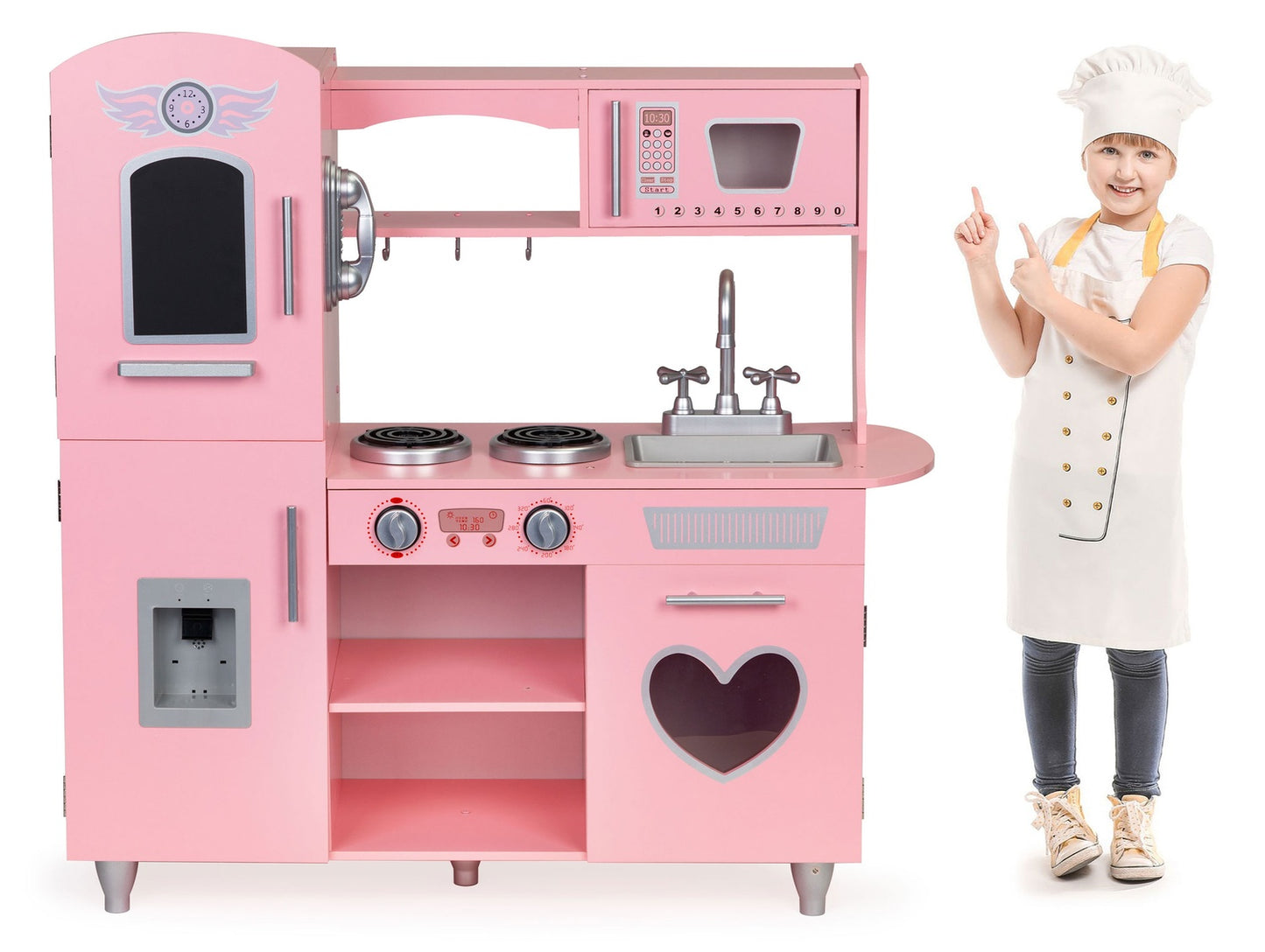 Kids Wooden Play Kitchen with Sound Effects, Pink