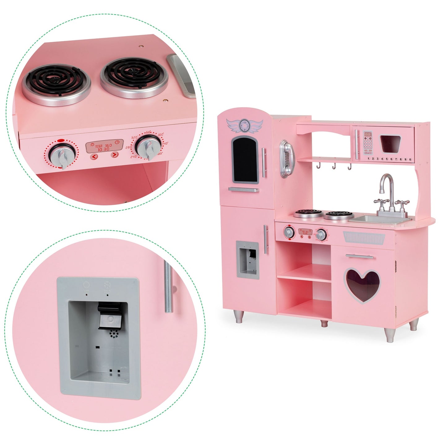 Kids Wooden Play Kitchen with Sound Effects, Pink