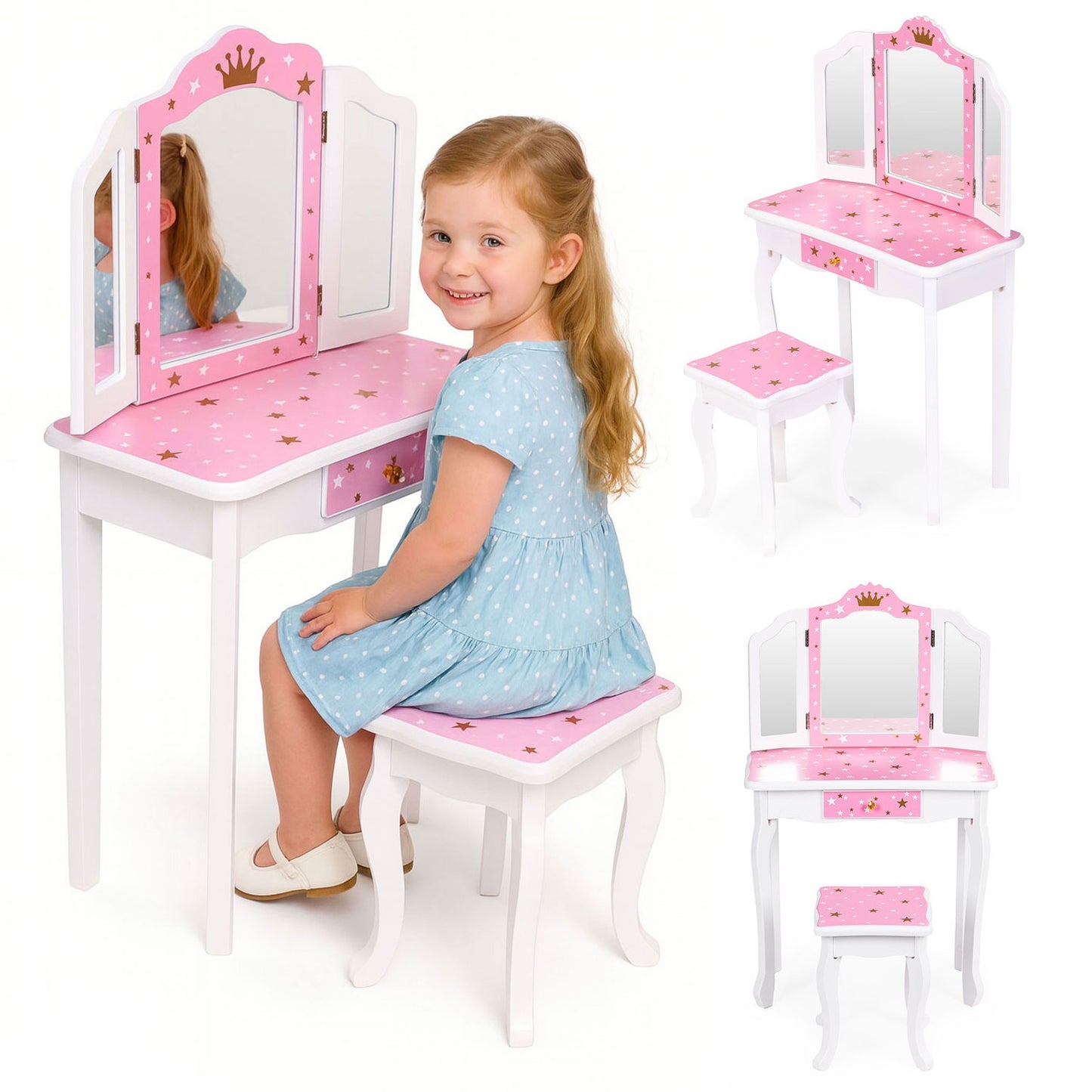 Kids' Wooden Vanity Table with Triple Mirror & Stool