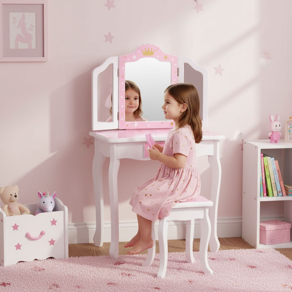 Kids' Wooden Vanity Table with Triple Mirror & Stool
