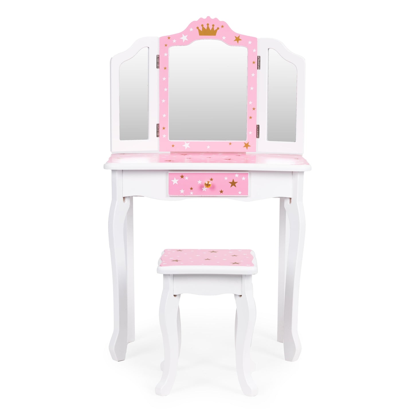 Kids' Wooden Vanity Table with Triple Mirror & Stool