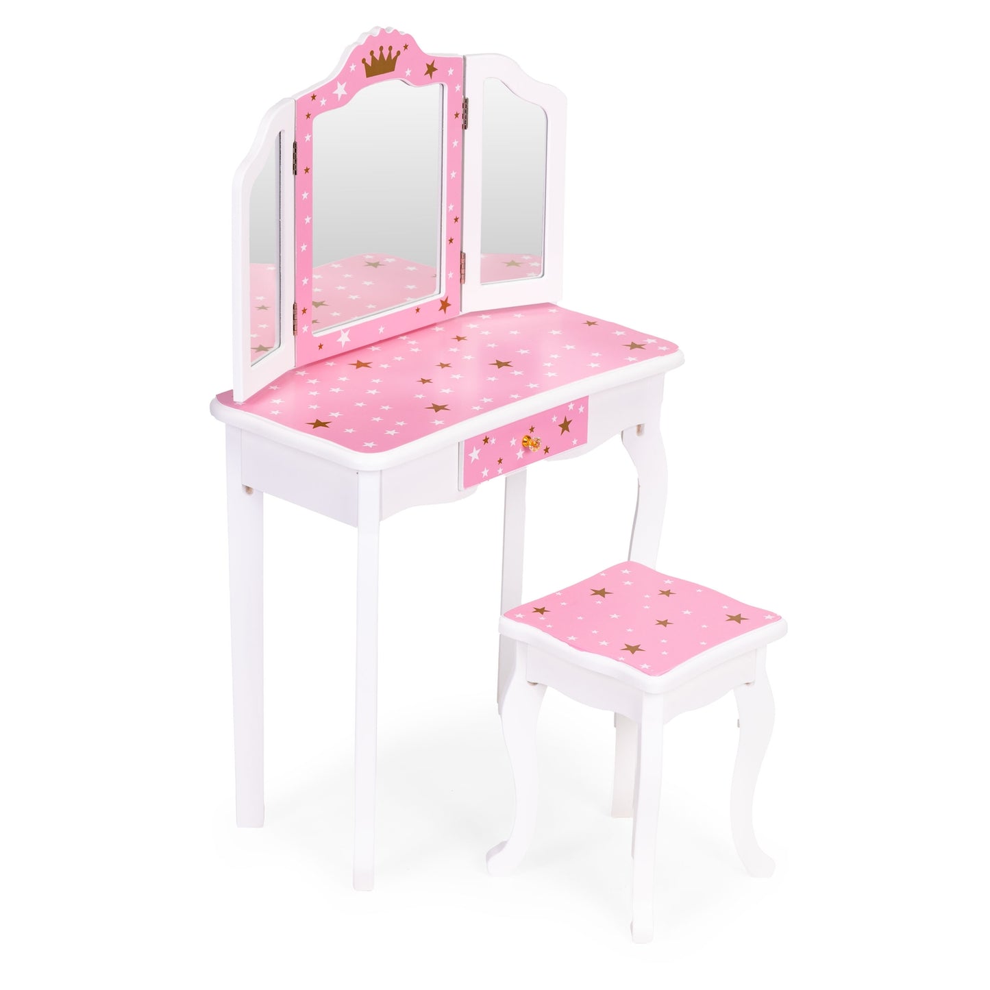 Kids' Wooden Vanity Table with Triple Mirror & Stool
