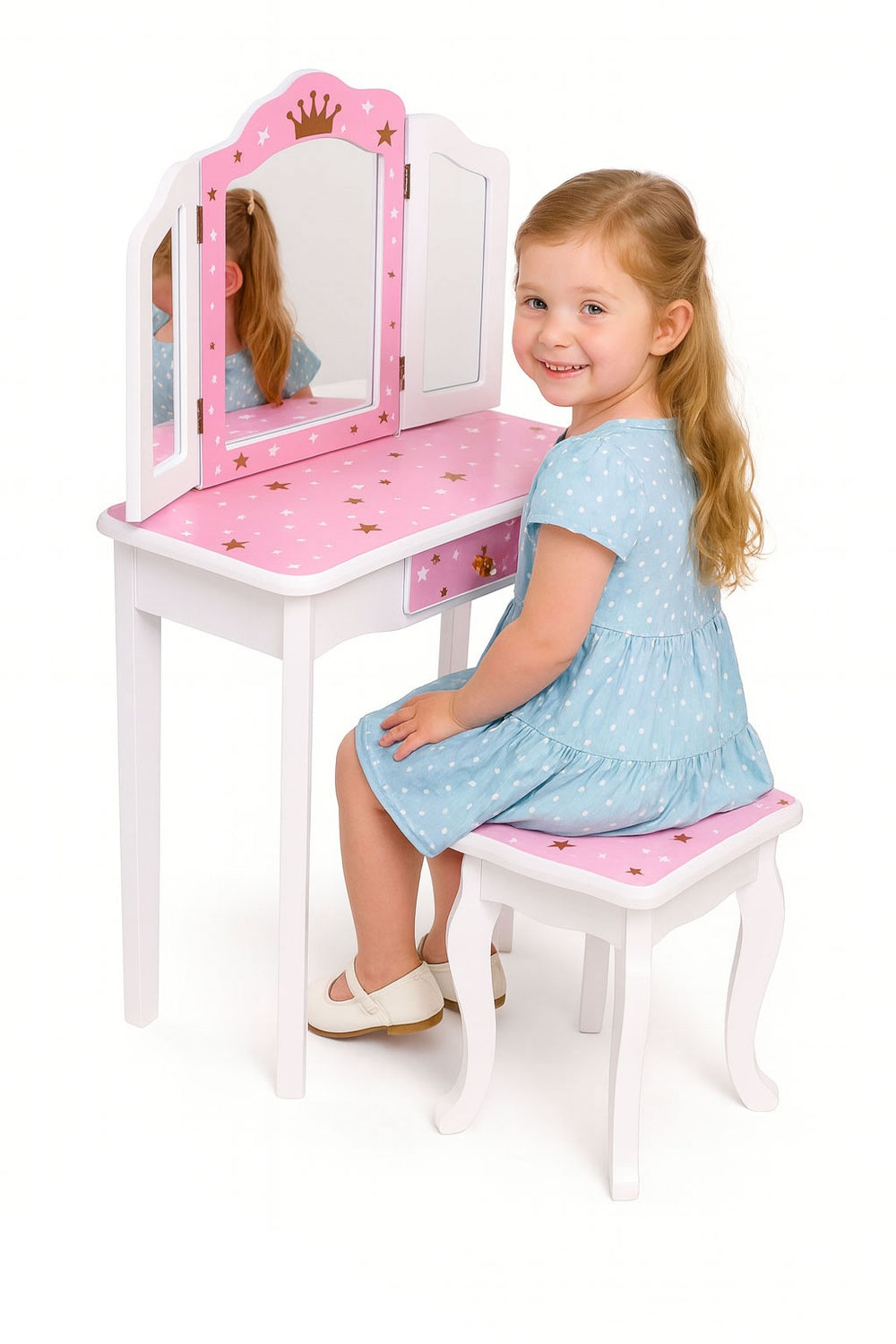 Kids' Wooden Vanity Table with Triple Mirror & Stool