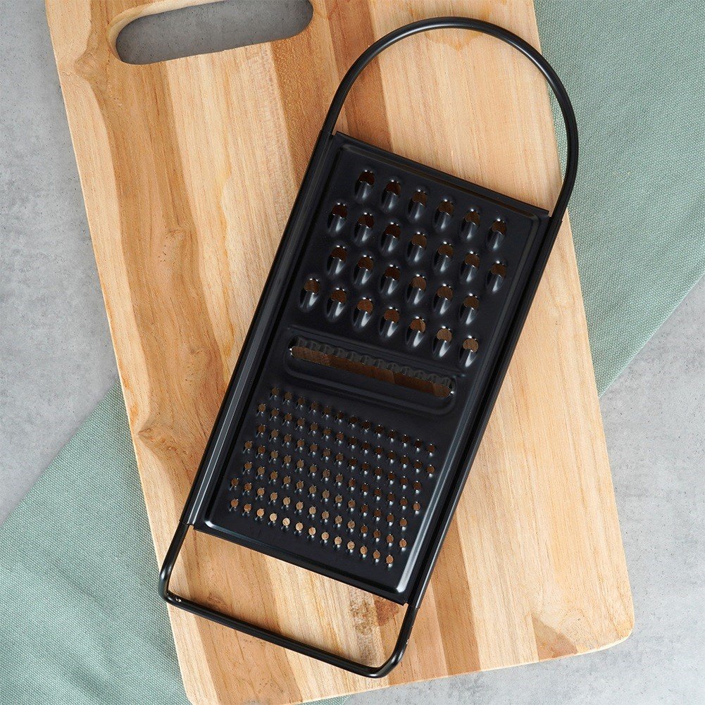 Kitchen grater, steel, black, flat, 3 blades, 28.5 cm
