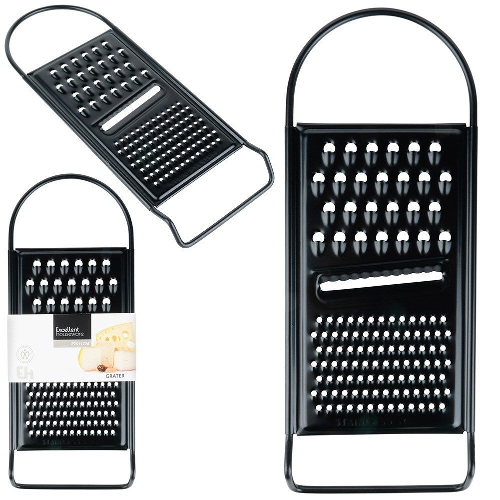 Kitchen grater, steel, black, flat, 3 blades, 28.5 cm