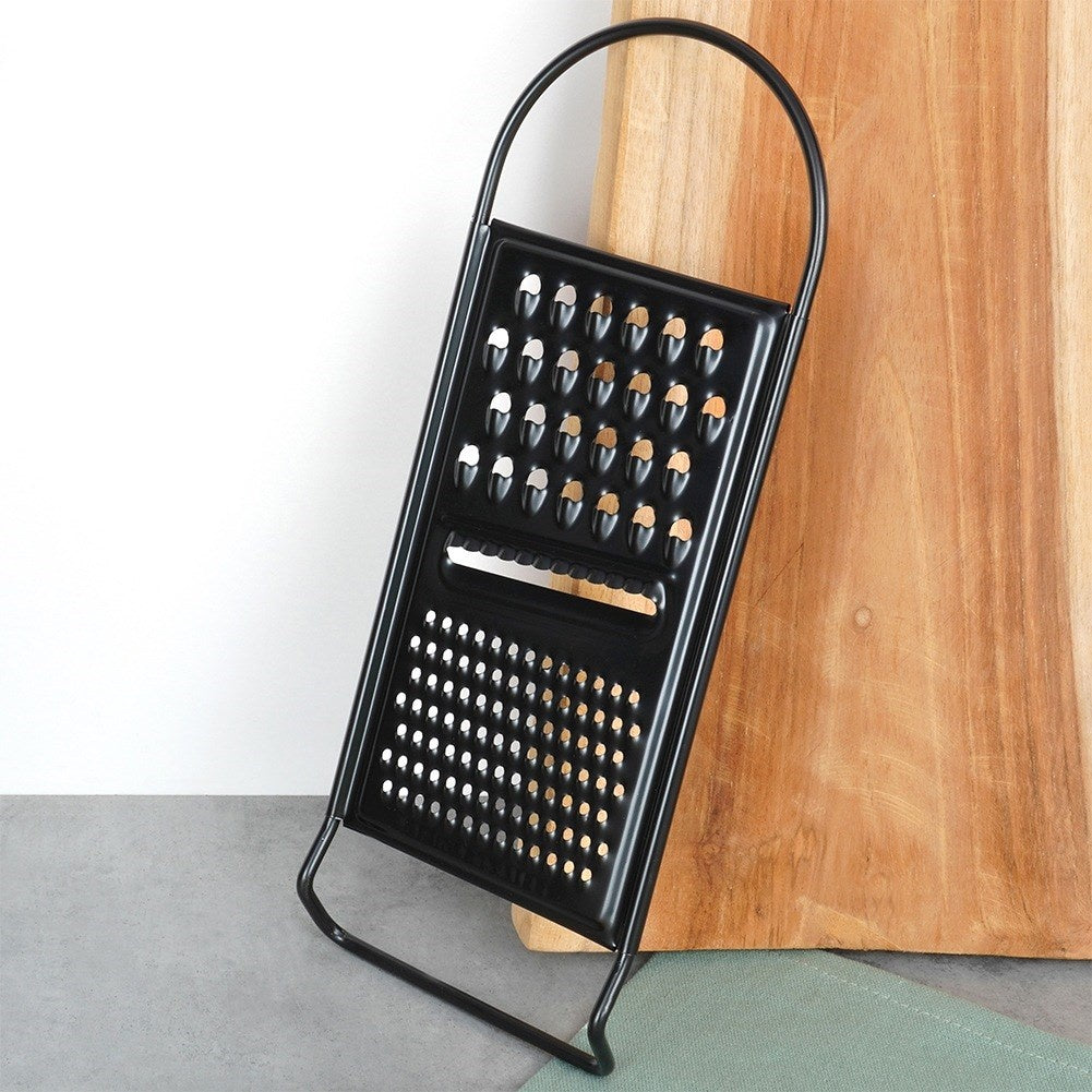 Kitchen grater, steel, black, flat, 3 blades, 28.5 cm