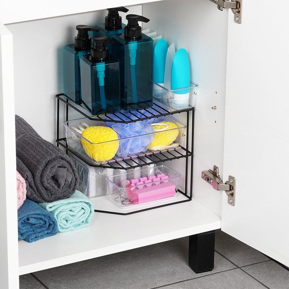 Kitchen metal shelf black, three levels, corner construction
