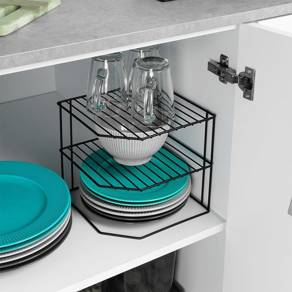 Kitchen metal shelf black, three levels, corner construction