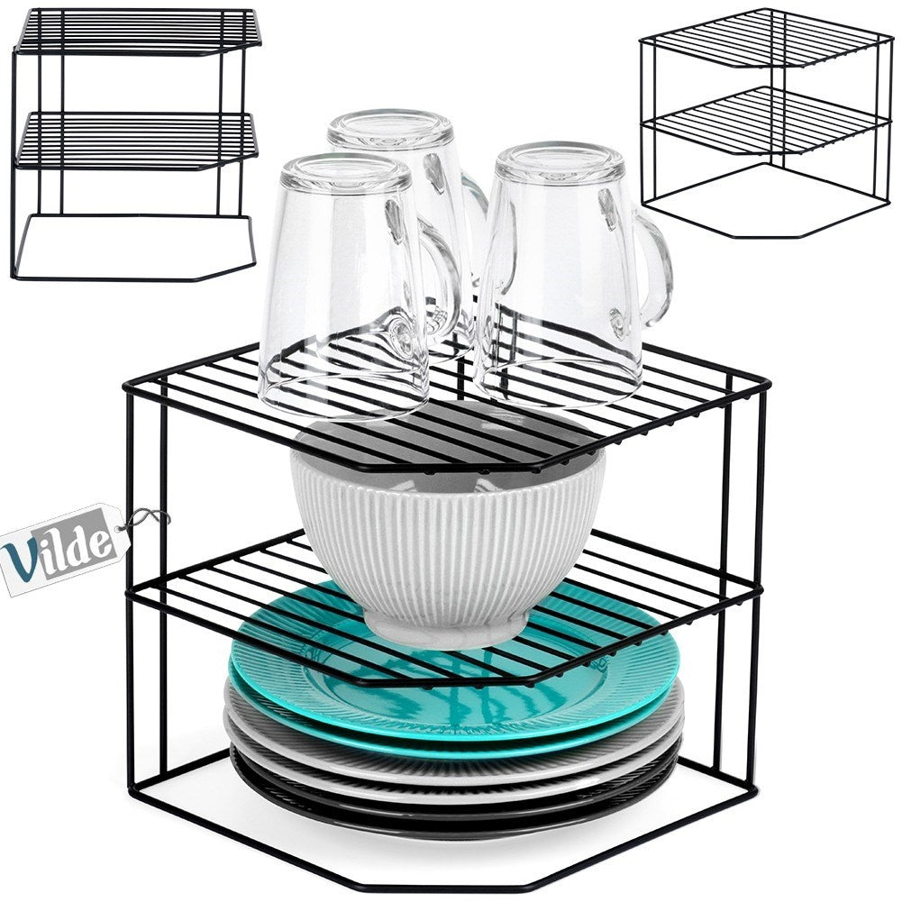 Kitchen metal shelf black, three levels, corner construction