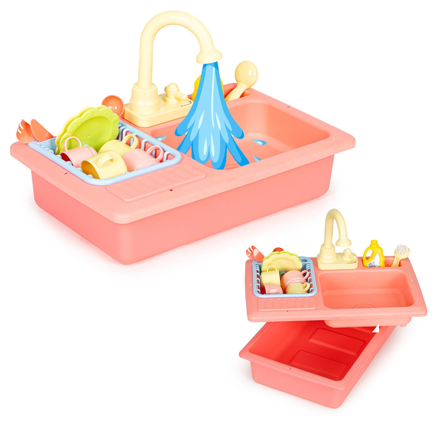 Kitchen sink with tap filled with water, 12 accessories, children's toy