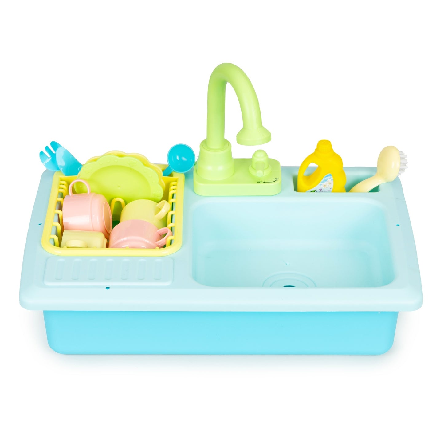 Kitchen sink with tap filled with water, 12 accessories, children's toy