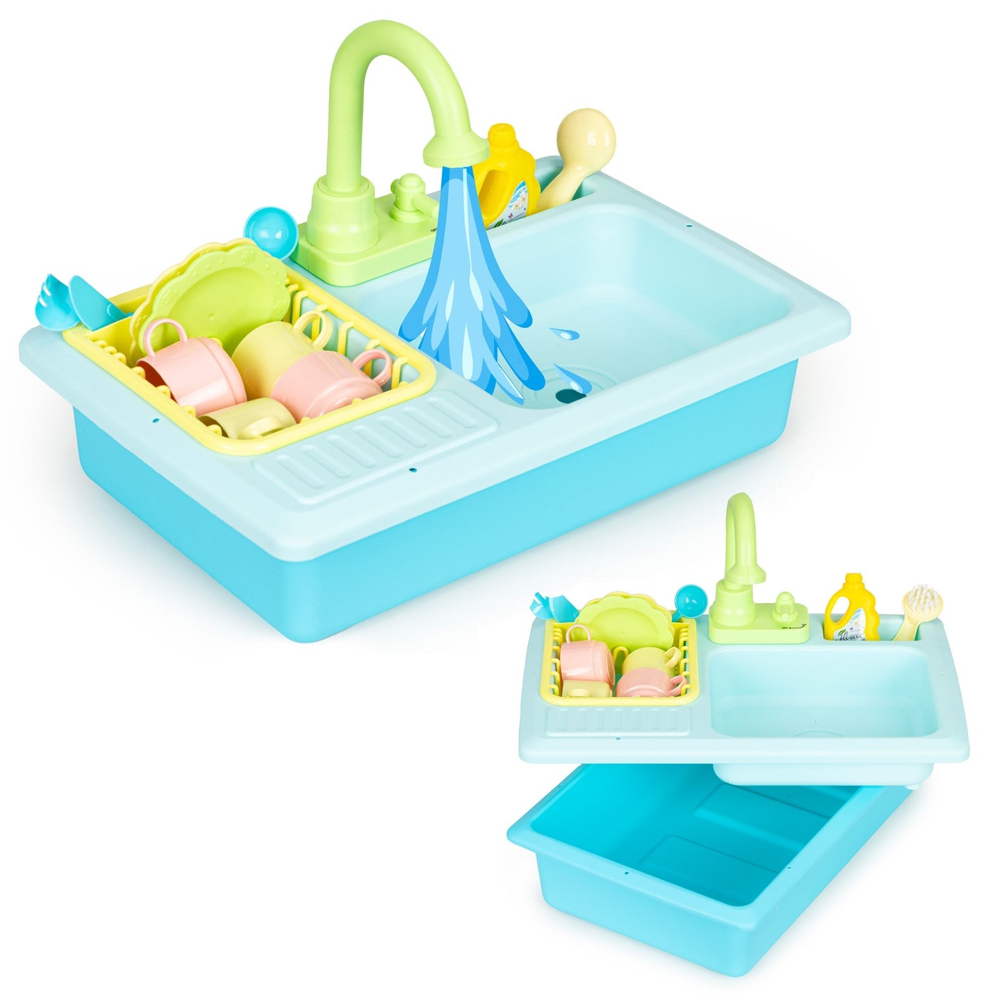 Kitchen sink with tap filled with water, 12 accessories, children's toy