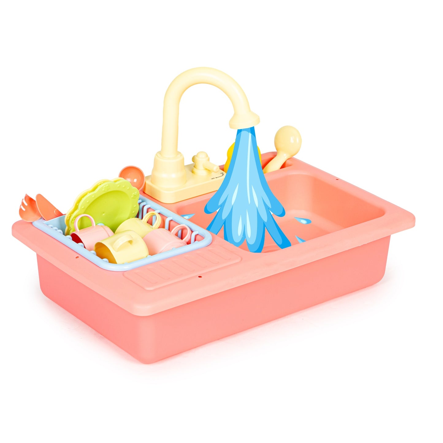 Kitchen sink with tap filled with water, 12 accessories, children's toy