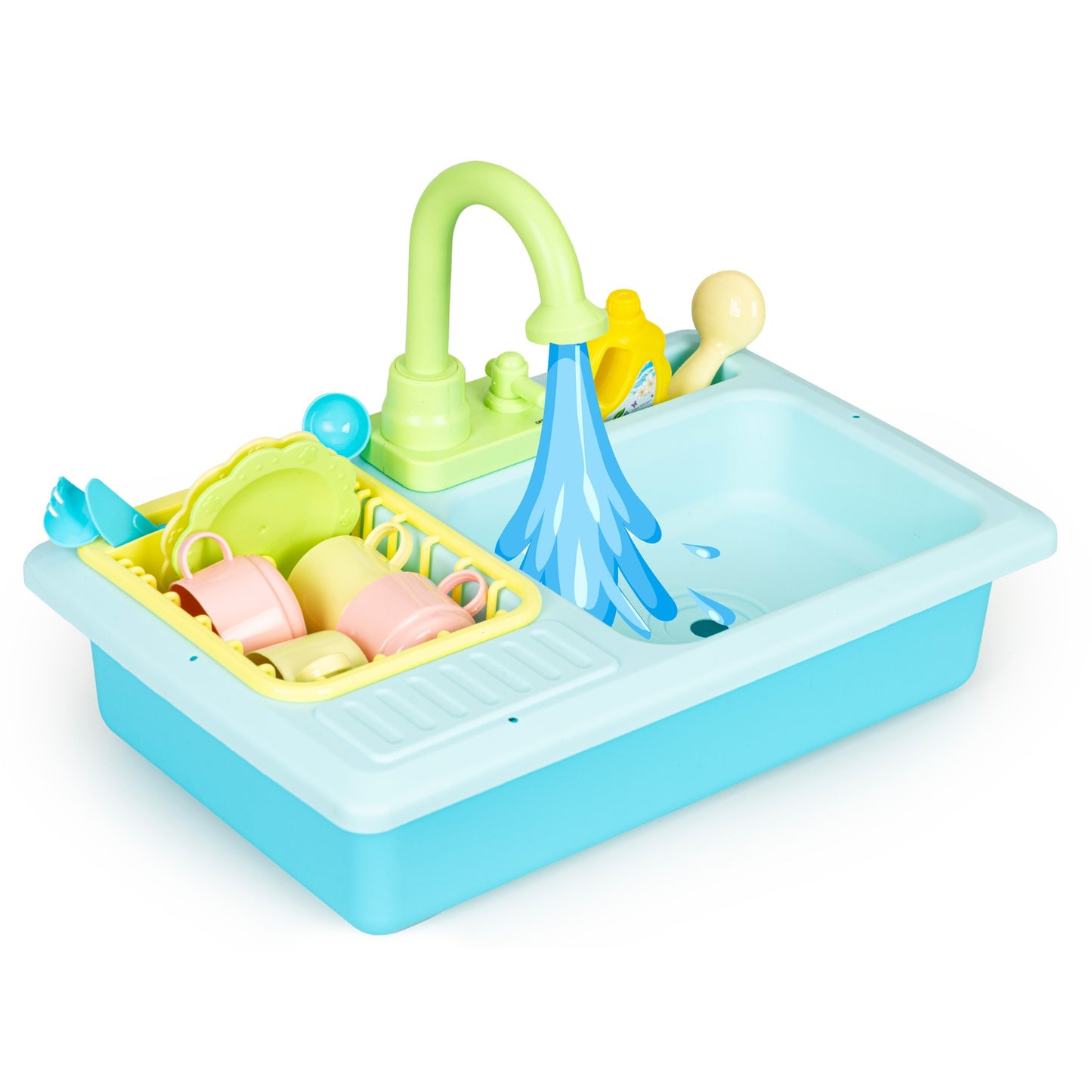 Kitchen sink with tap filled with water, 12 accessories, children's toy