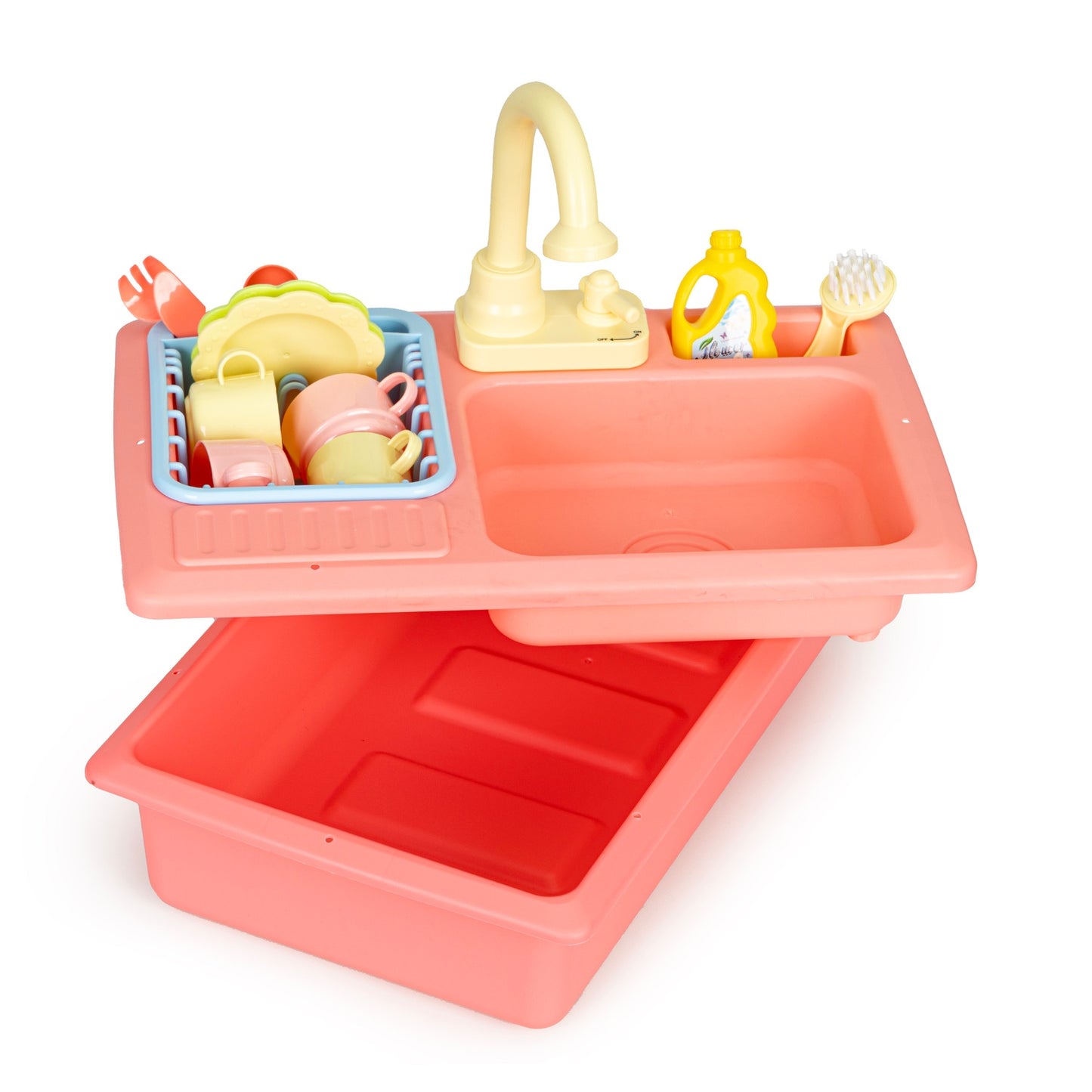 Kitchen sink with tap filled with water, 12 accessories, children's toy