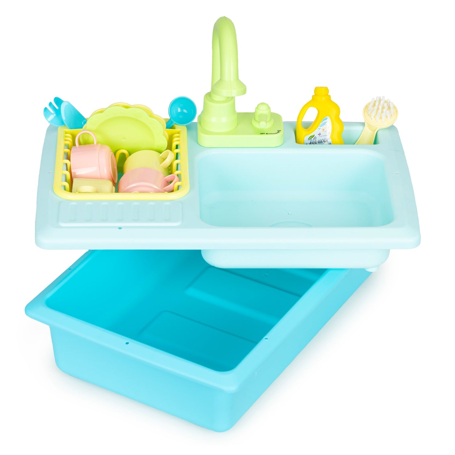 Kitchen sink with tap filled with water, 12 accessories, children's toy