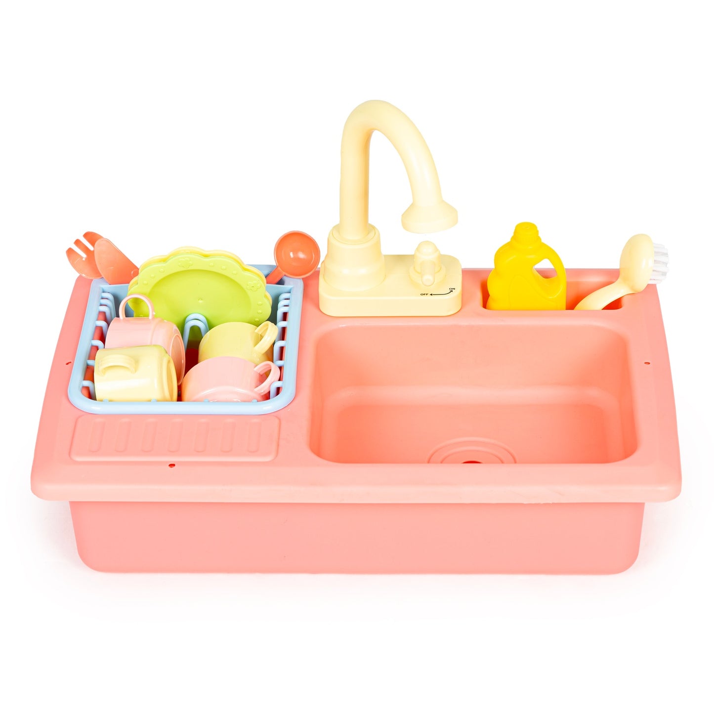 Kitchen sink with tap filled with water, 12 accessories, children's toy