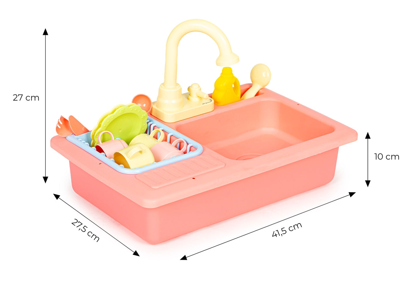Kitchen sink with tap filled with water, 12 accessories, children's toy