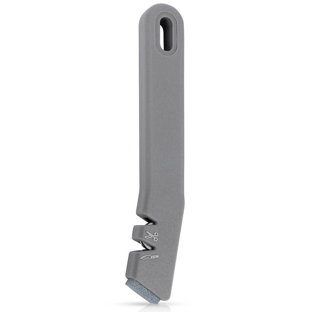 Knife and scissor sharpener with extra sharpening stone in stainless steel