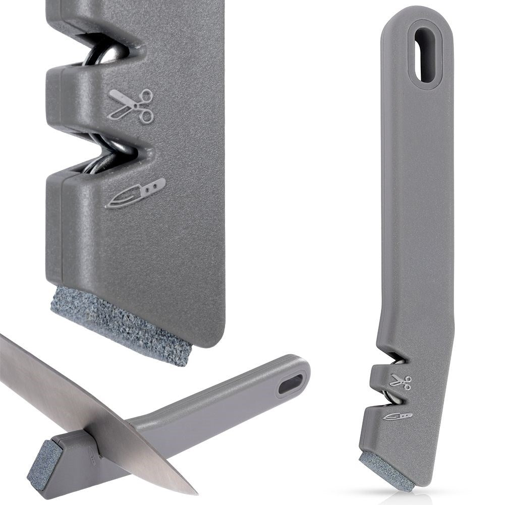Knife and scissor sharpener with extra sharpening stone in stainless steel