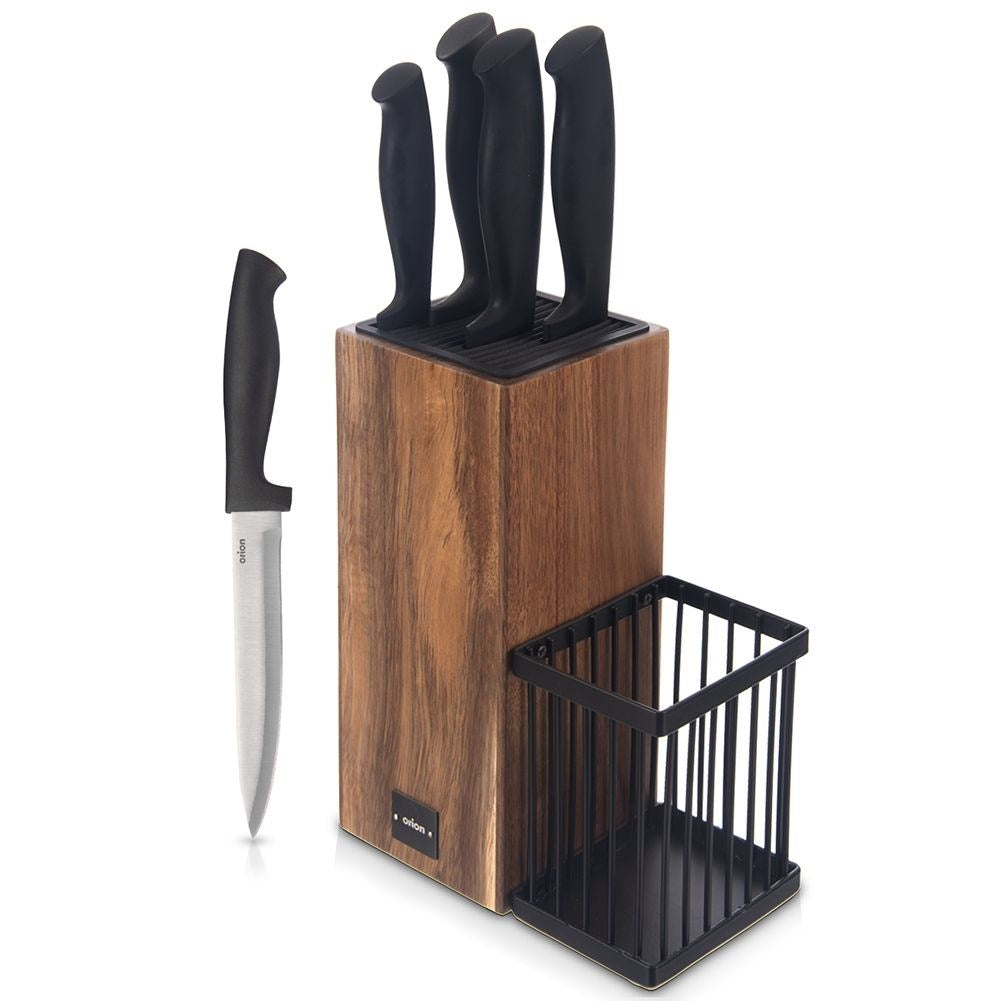 Knife rack in acacia wood with 5 stainless knives and non-slip grip
