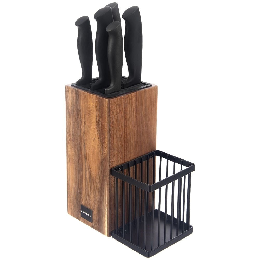 Knife rack in acacia wood with 5 stainless knives and non-slip grip