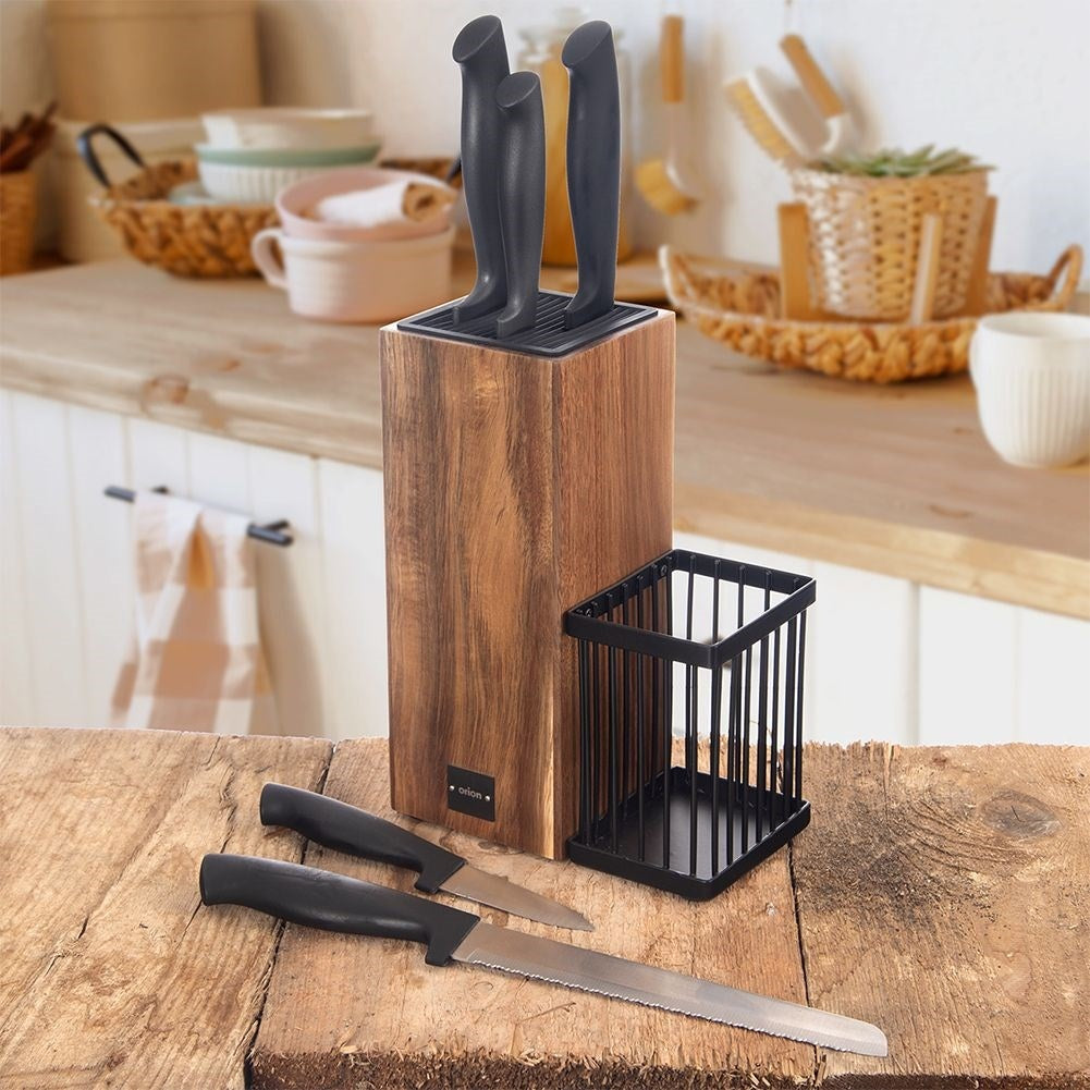 Knife rack in acacia wood with 5 stainless knives and non-slip grip