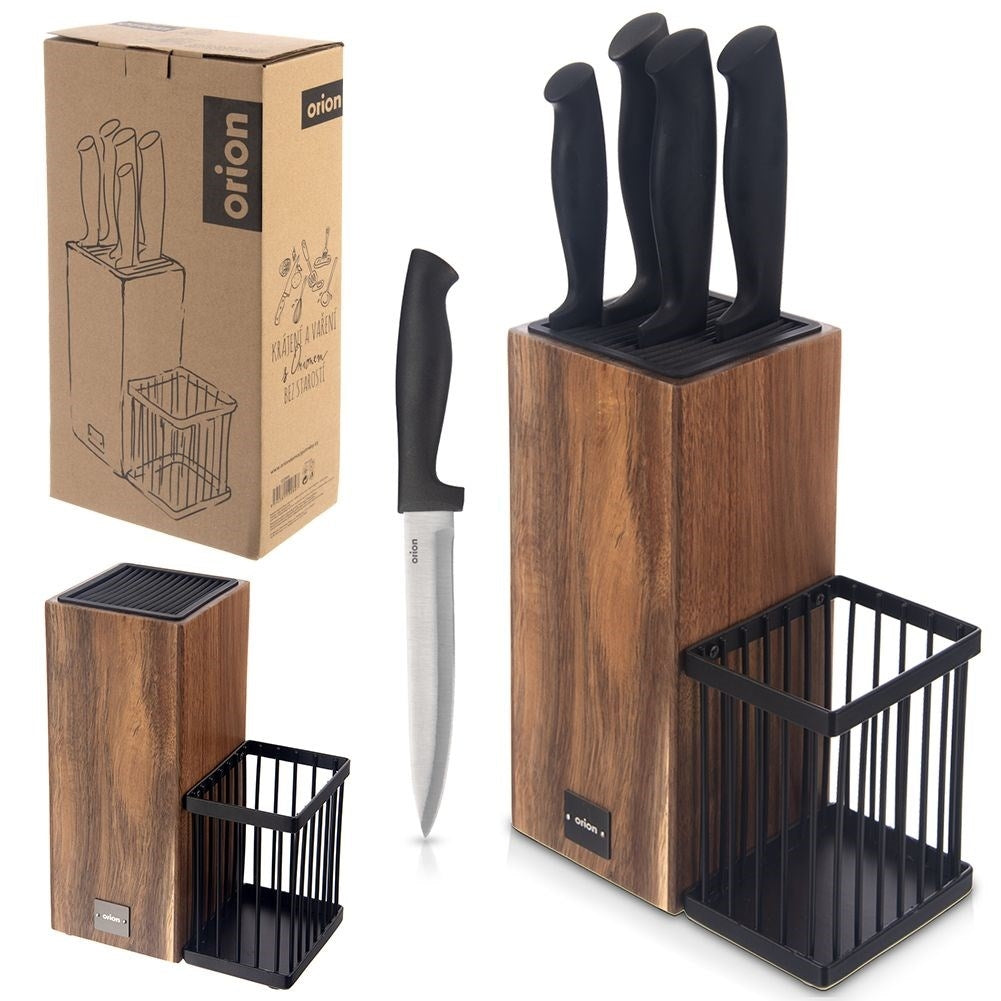 Knife rack in acacia wood with 5 stainless knives and non-slip grip