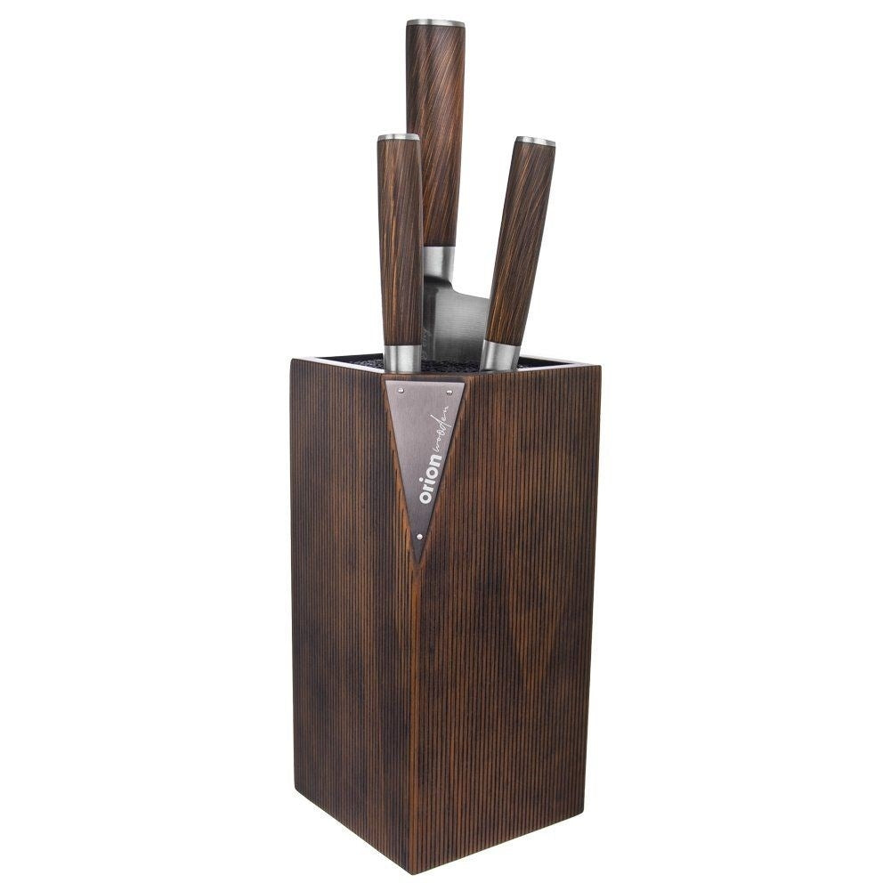 Knife rack in dark wood with black plastic brush for protection