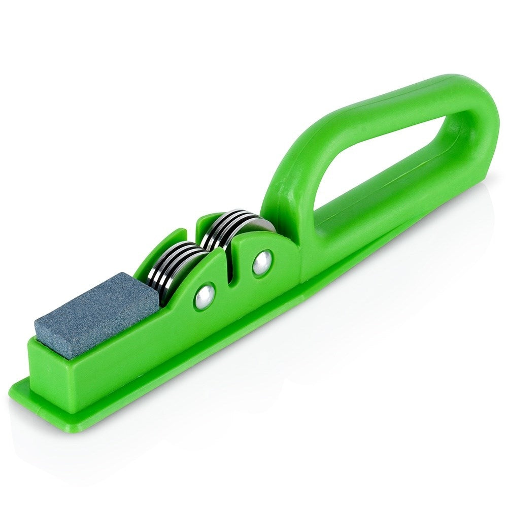 Knife sharpener for stainless steel knives with whetstone and metal rollers
