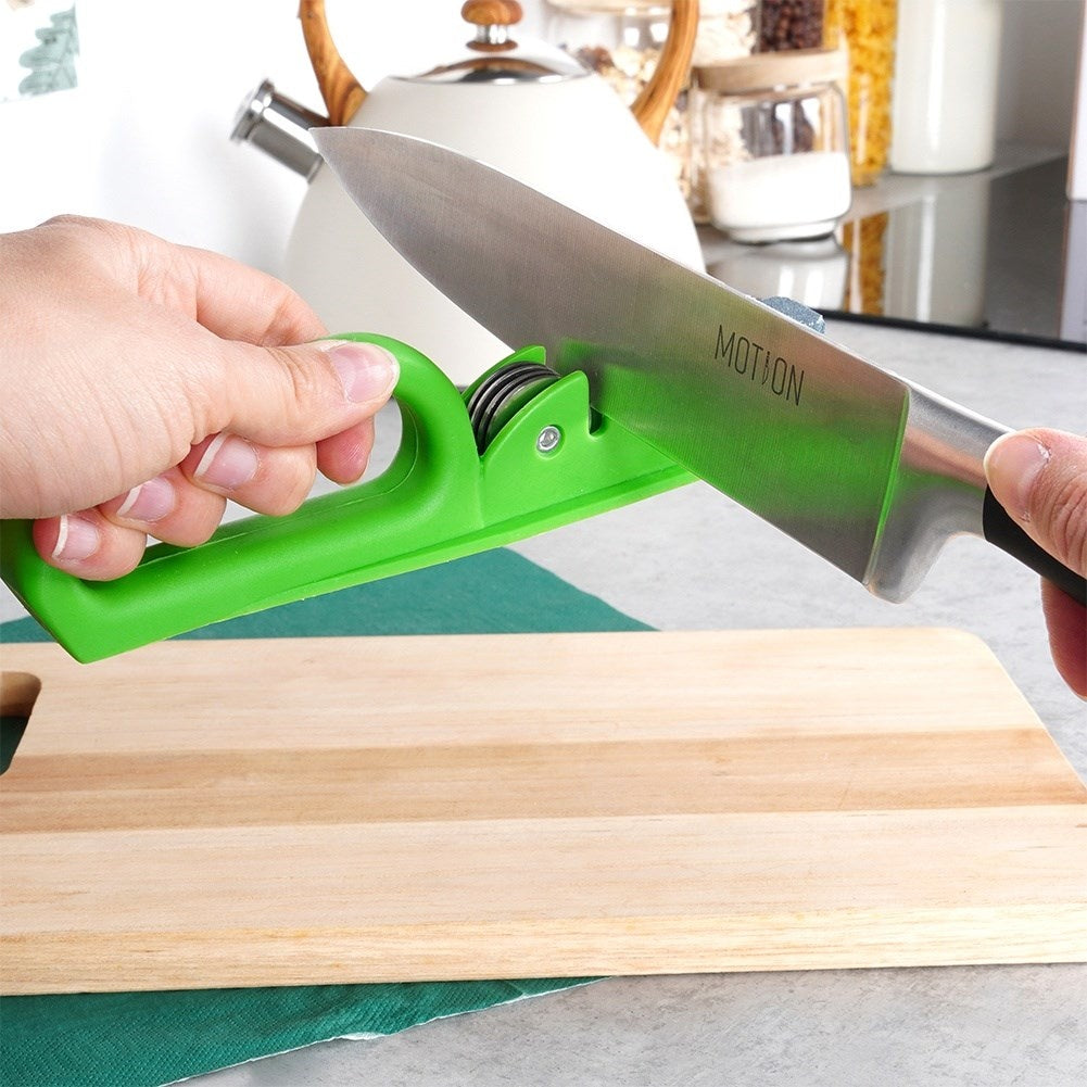Knife sharpener for stainless steel knives with whetstone and metal rollers