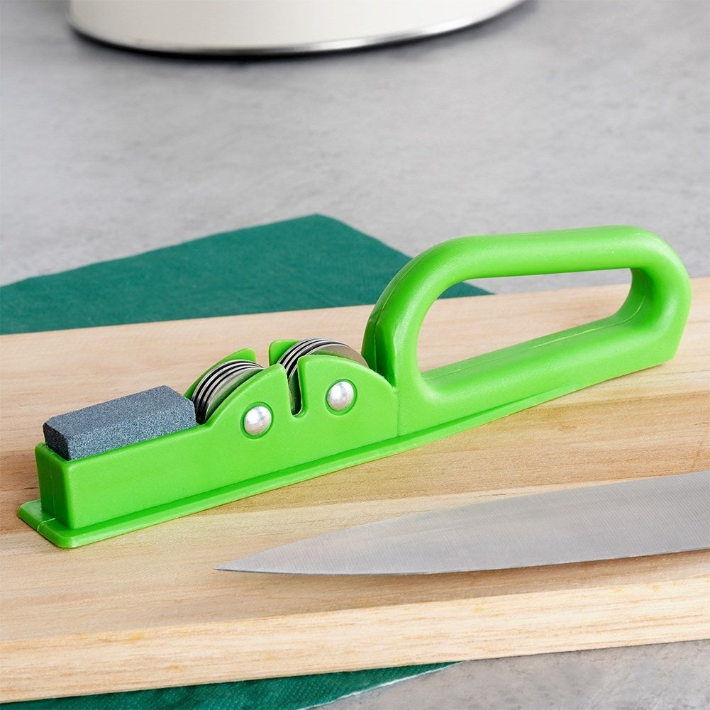 Knife sharpener for stainless steel knives with whetstone and metal rollers
