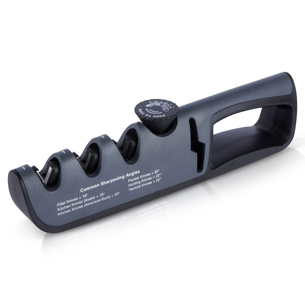 Knife sharpener with four sharpening zones and adjustable sharpening angle