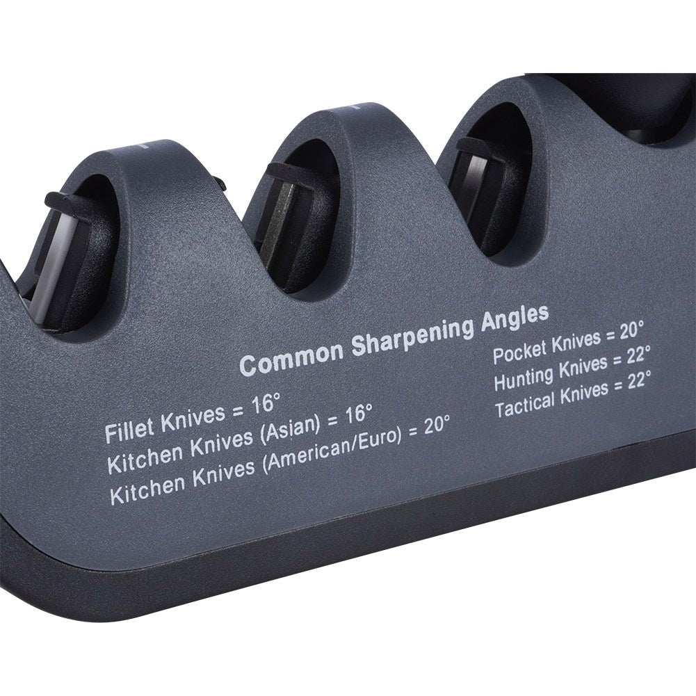 Knife sharpener with four sharpening zones and adjustable sharpening angle