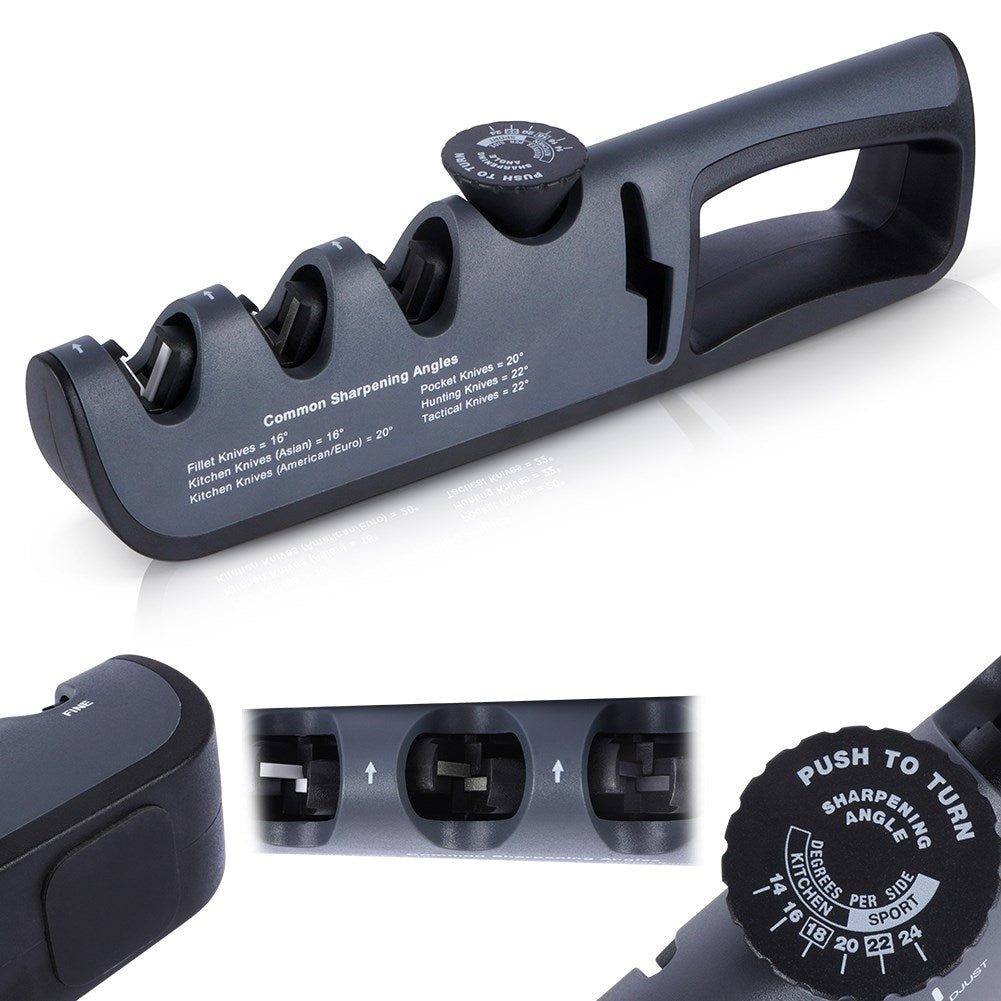 Knife sharpener with four sharpening zones and adjustable sharpening angle