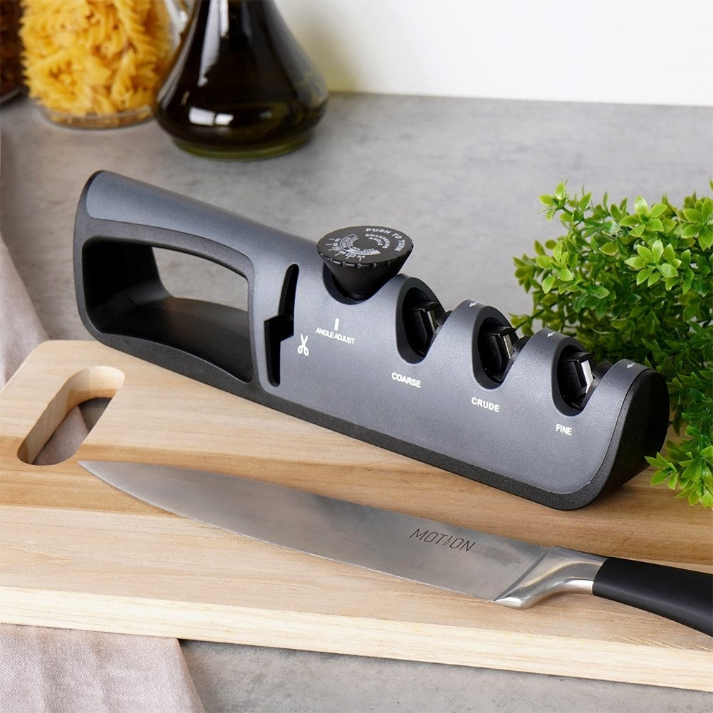Knife sharpener with four sharpening zones and adjustable sharpening angle
