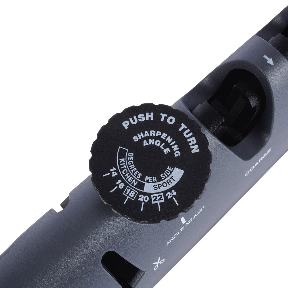 Knife sharpener with four sharpening zones and adjustable sharpening angle