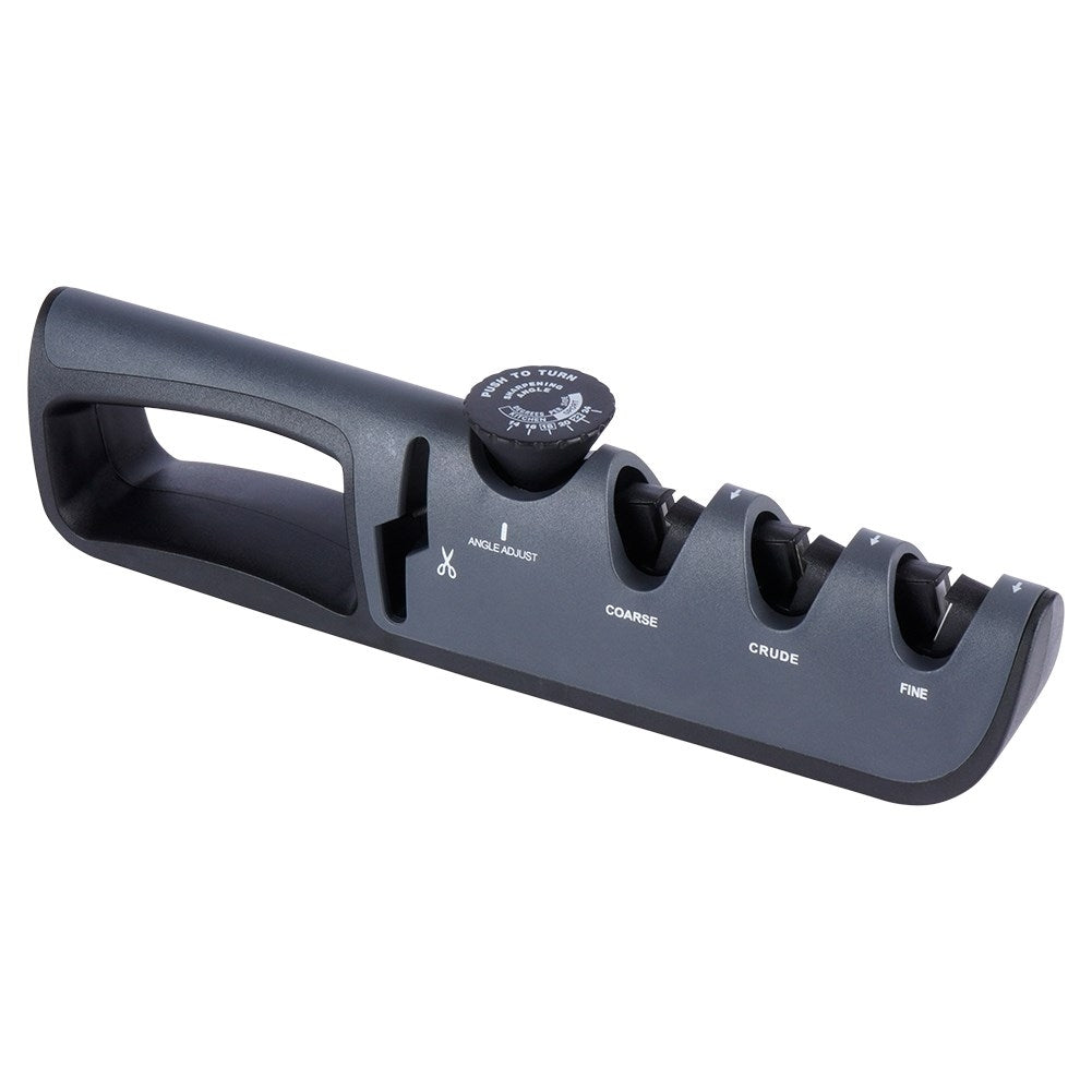 Knife sharpener with four sharpening zones and adjustable sharpening angle
