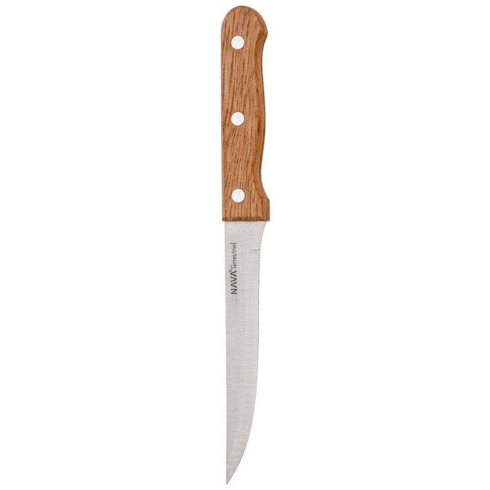 Knife with stainless steel blade and riveted wooden handle