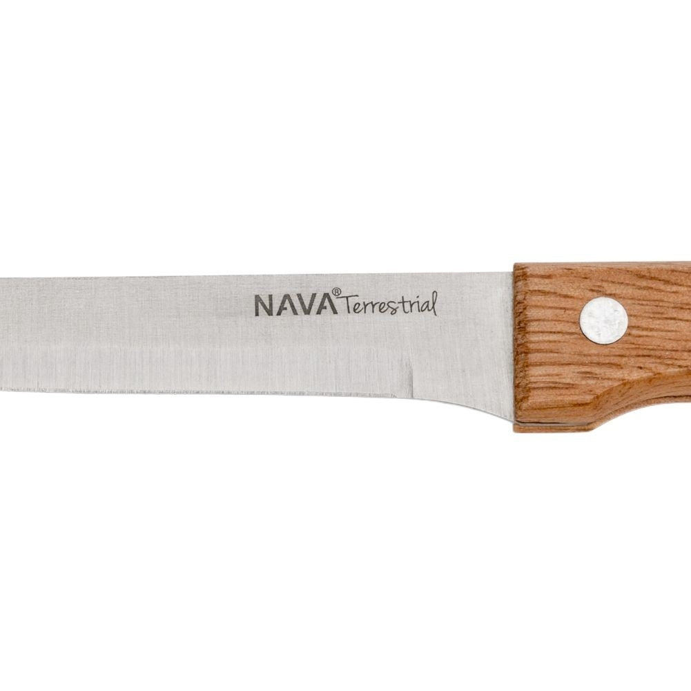 Knife with stainless steel blade and riveted wooden handle