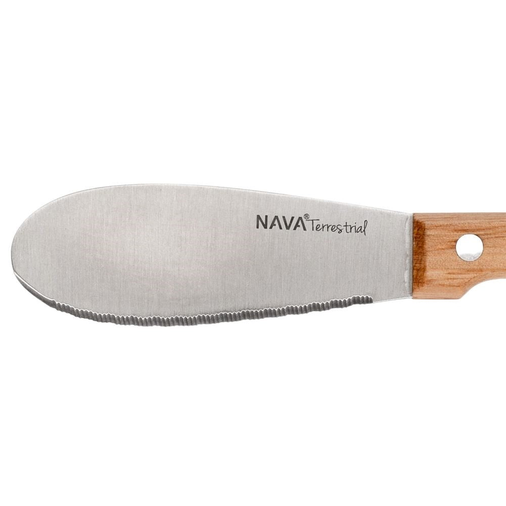Knife with stainless steel blade and riveted wooden handle