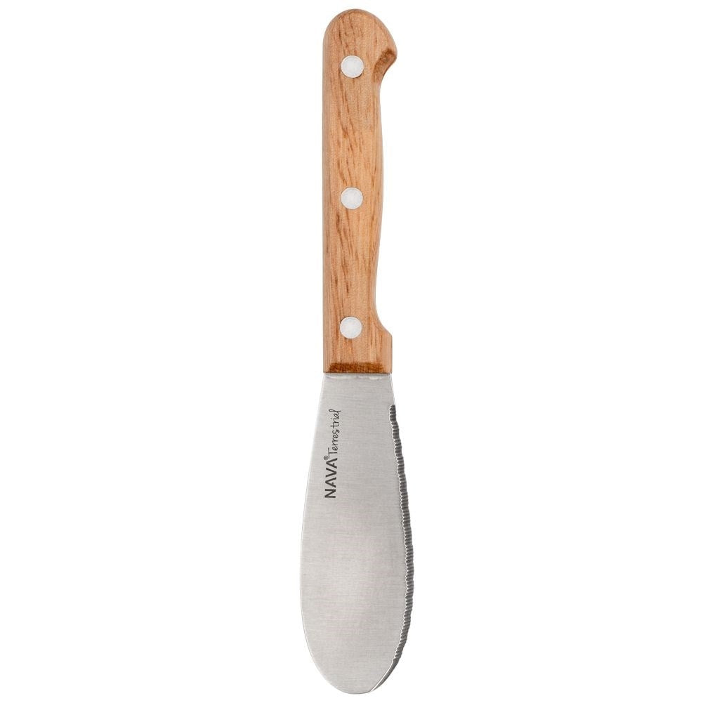 Knife with stainless steel blade and riveted wooden handle