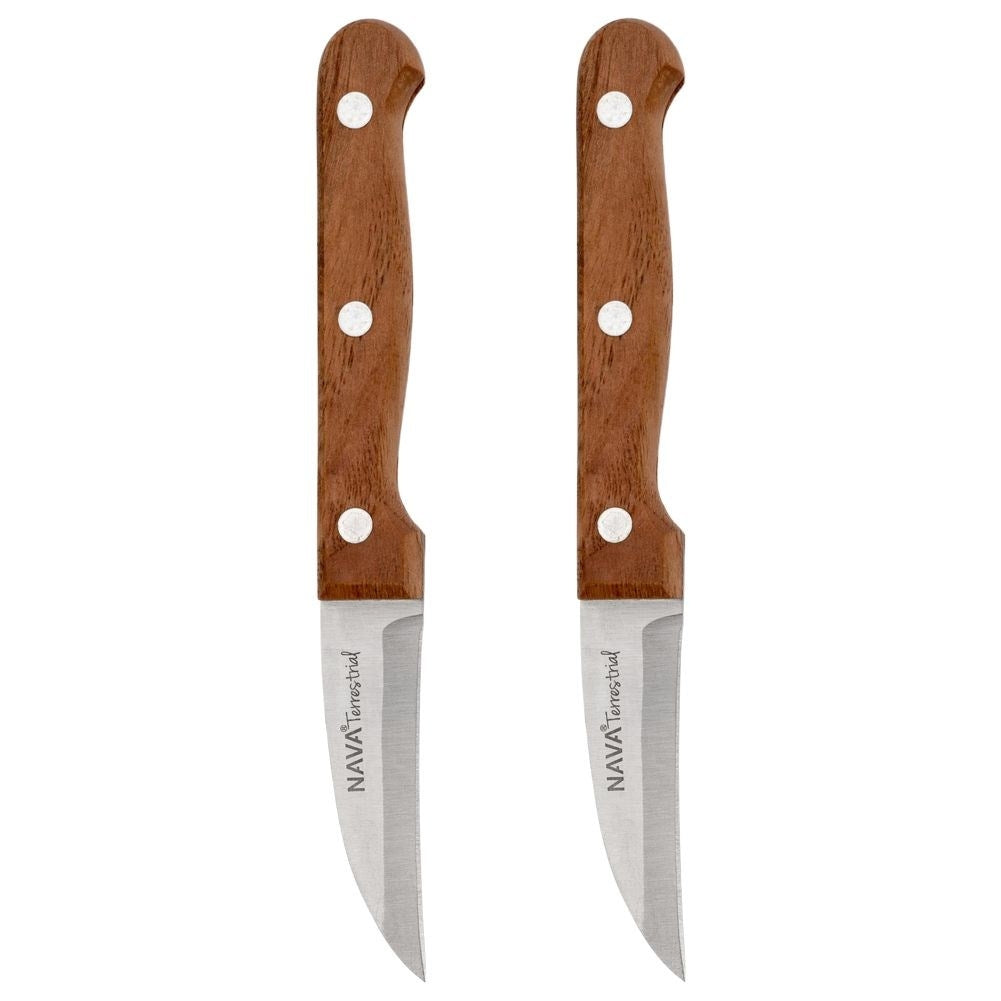 Knives: Stainless steel, riveted wooden handle, perfect for peeling