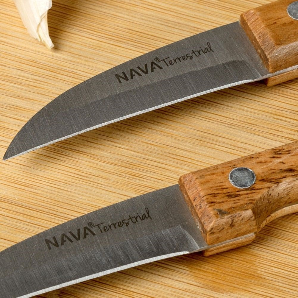 Knives: Stainless steel, riveted wooden handle, perfect for peeling