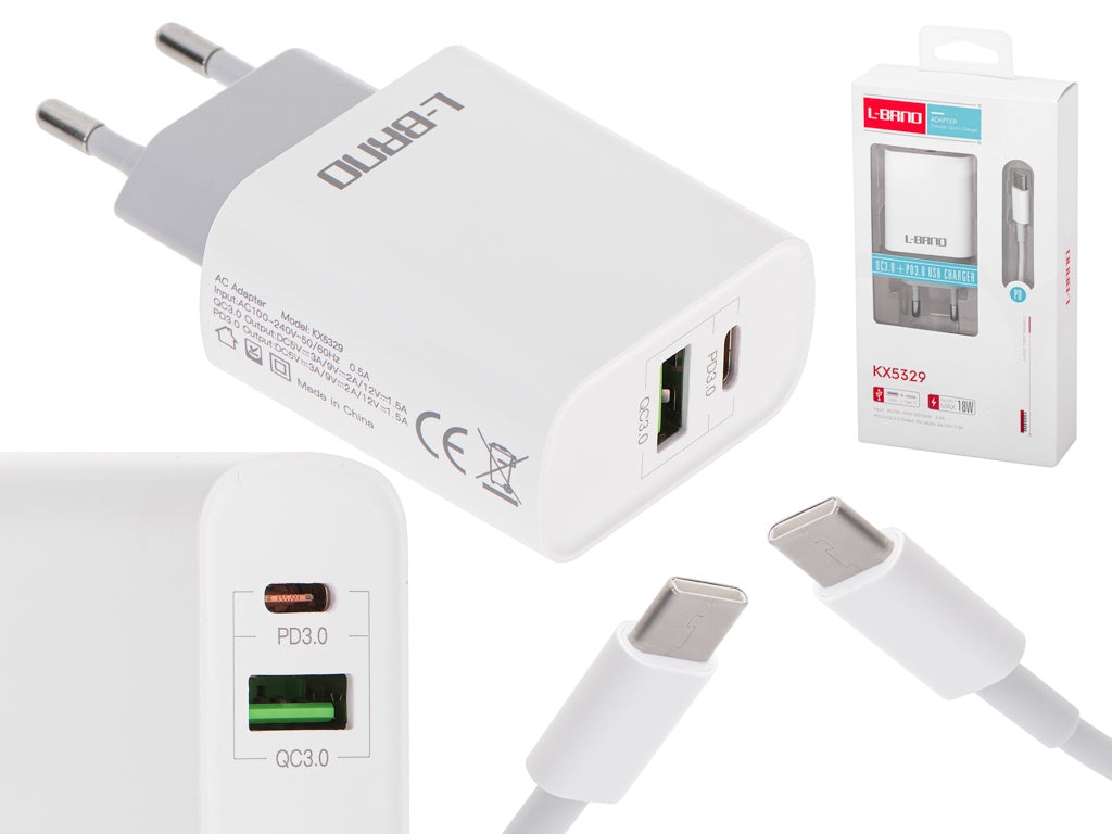 L-BRNO mains charger fast charging 18W + type-c cable