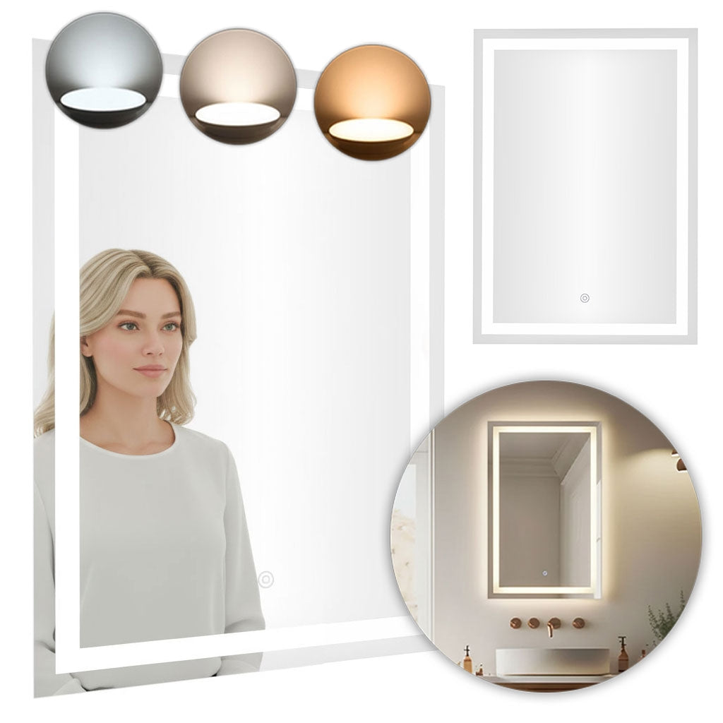 LED Bathroom Mirror 50x70 cm, 3 Light Colors, Touch Switch