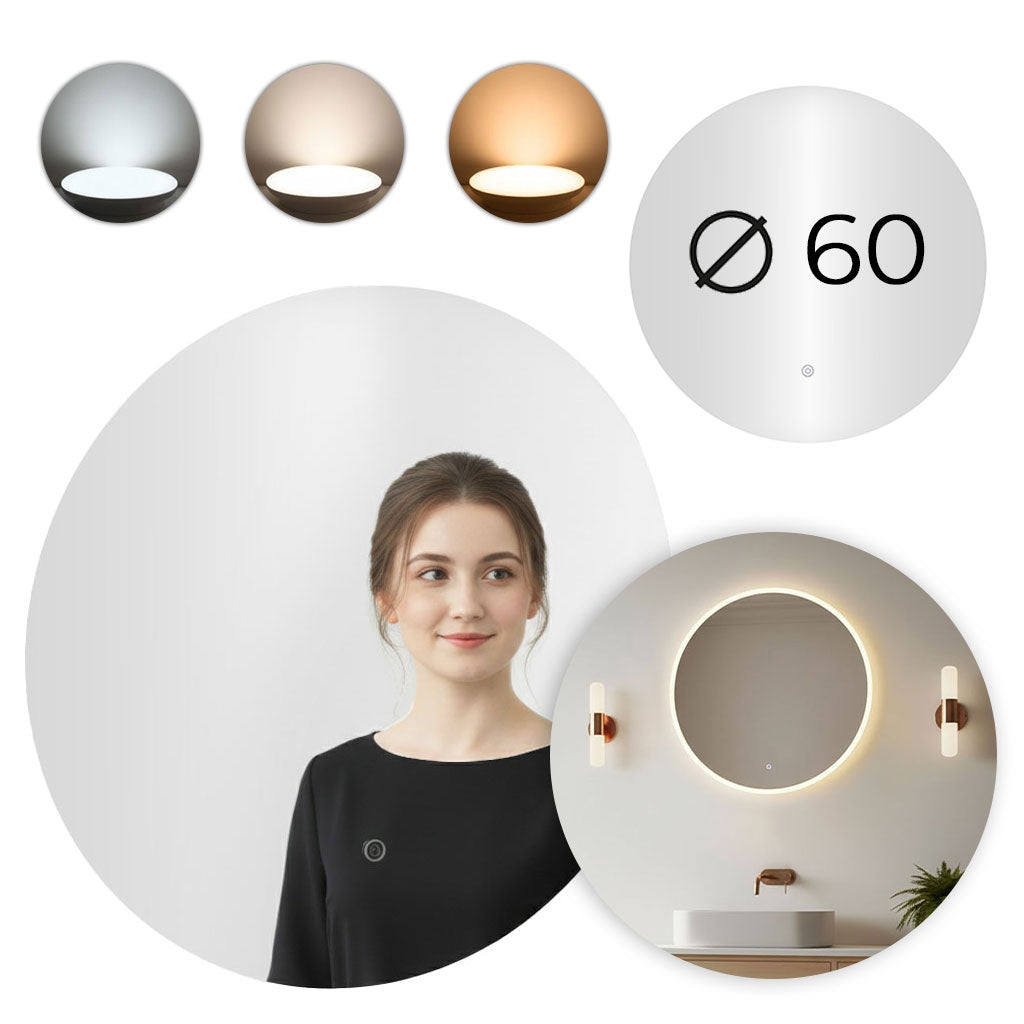 LED Bathroom Mirror, 60 cm, 3 Light Colors, Touch Switch