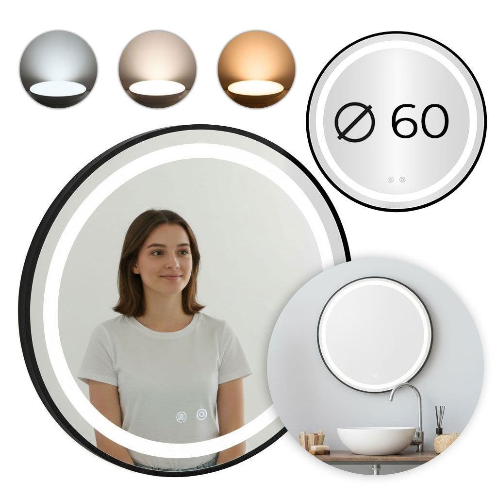 LED Bathroom Mirror, 60 cm Round, Touch Switch, 3 Light Colors