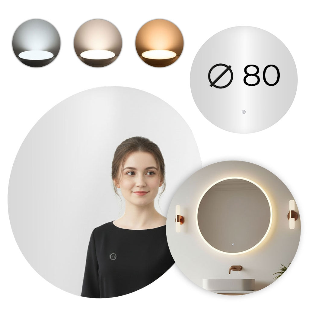 LED Bathroom Mirror, Round 80 cm, 3-Color Touch Control