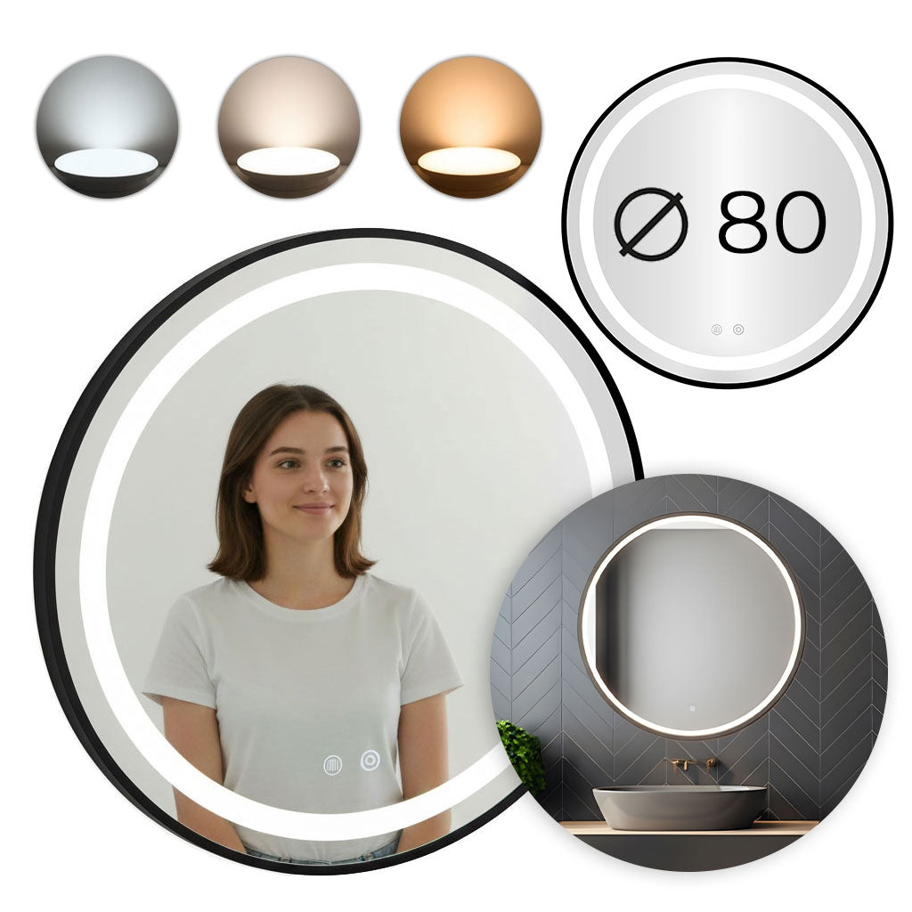 LED Bathroom Mirror, Round 80 cm, Touch Control, 3 Light Colors